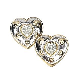 Vintage Sterling Silver Goldtone Heart Earrings Clear Cut Glass Center